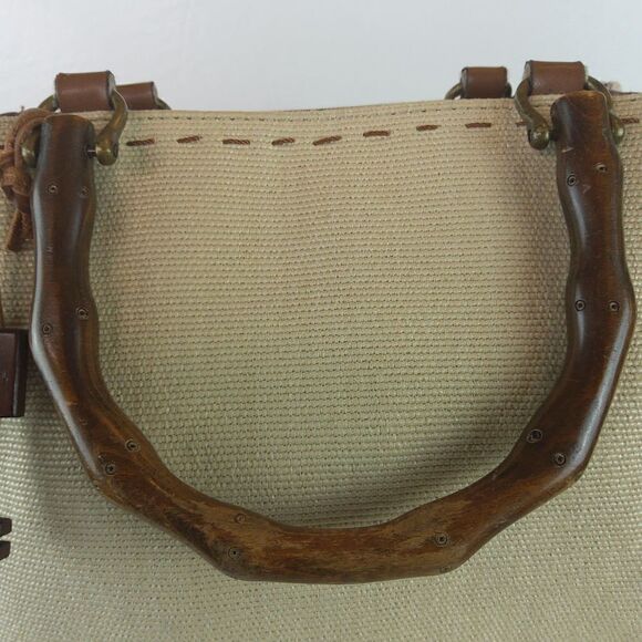 Fossil cream fabric handbag with leather trim, and faux wood handles - Picture 6 of 12